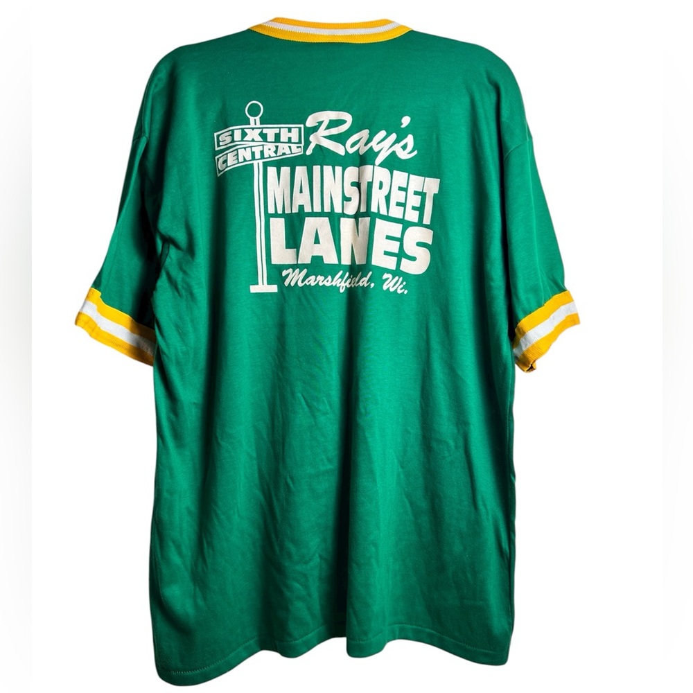 Vintage Dodger Green Yellow V-Neck‎ Bowling Shirt “Ray’s Mainstreet Lanes WI” XL